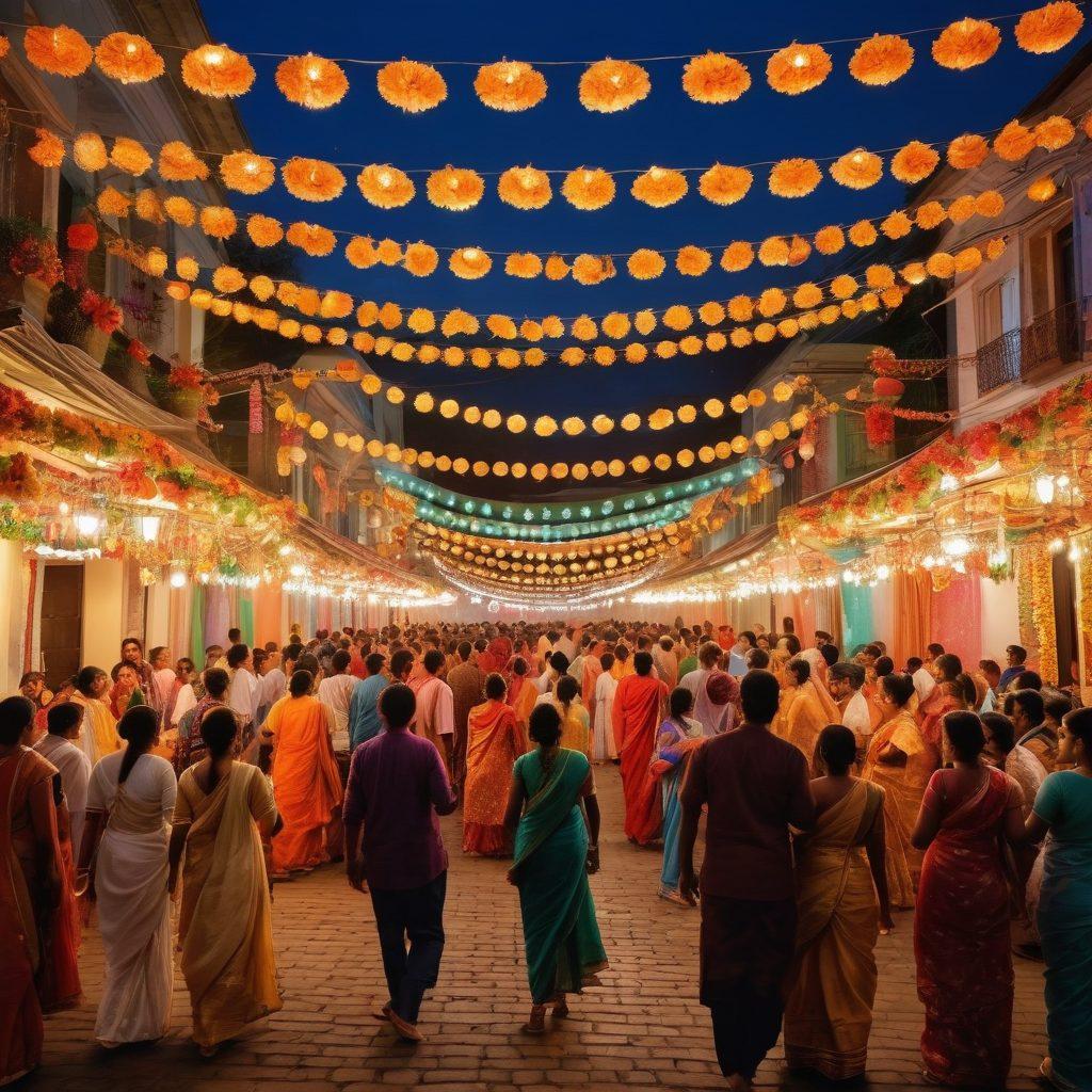 A vibrant street scene showcasing a Bengali festival celebration, filled with colorful traditional attire, joyful people dancing, and an abundance of delicious Bengali sweets. Include decorative lanterns and flower garlands adorning the surroundings, as well as elements representing unity and togetherness, like families celebrating hand-in-hand. The backdrop should feature traditional Bengali architecture with warm, inviting lighting. super-realistic. vibrant colors. festive atmosphere.