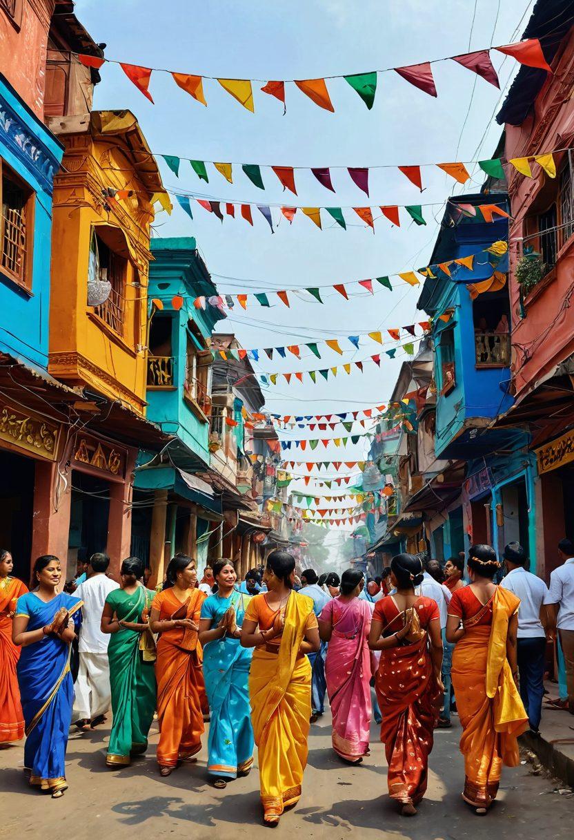 A vibrant street scene showcasing a joyful Bengali festival, with people celebrating in traditional attire, colorful decorations, and a backdrop of local cuisine being shared among families. Emphasize community with smiling faces and cultural symbols like the 'alpana' art on the ground, complemented by colorful kites flying in the sky. The ambiance should radiate warmth and happiness. super-realistic. vibrant colors. cultural richness.