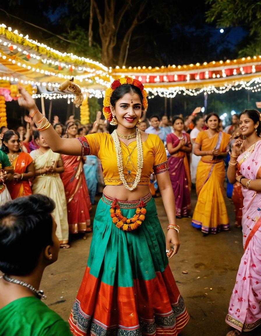 A lively scene capturing a vibrant Bengali festival with people dancing joyfully in colorful traditional attire, featuring intricate decorations and floral designs. Include elements like traditional sweets, music instruments, and hand-painted masks, all set against a backdrop of festive lights and lush greenery. The atmosphere is filled with laughter and warmth, exemplifying the cheerful spirit of Bengal. super-realistic. vibrant colors. dynamic composition.